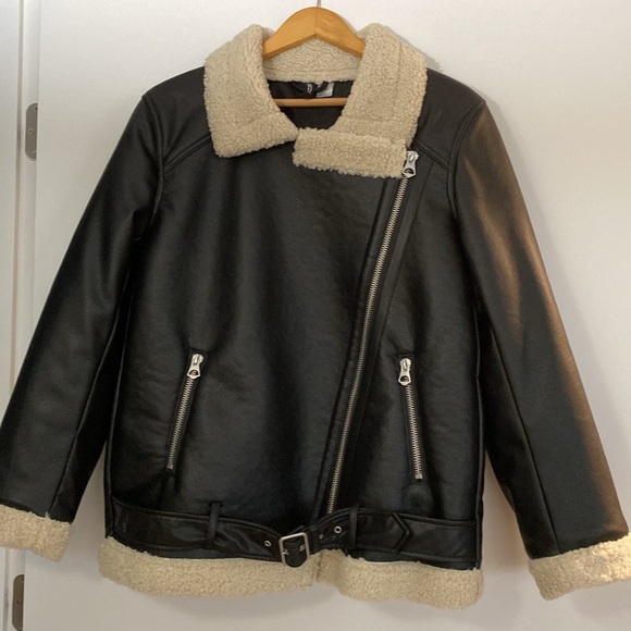 Zara H&M NWOT Biker Moto Sherpa Fur Leather Insulated Jacket Oversized Bloggers - Picture 6 of 16